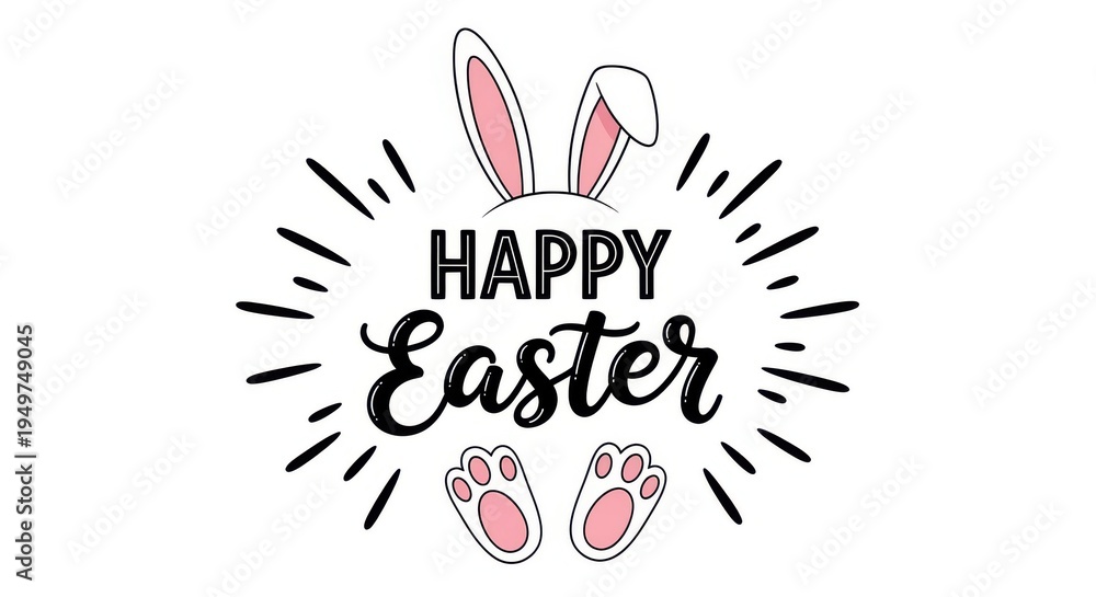 Obraz premium Bunny footprints and ears with happy easter text on white background