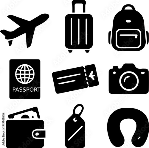 Travel Essentials Icon Set Passport Ticket Suitcase Airplane
