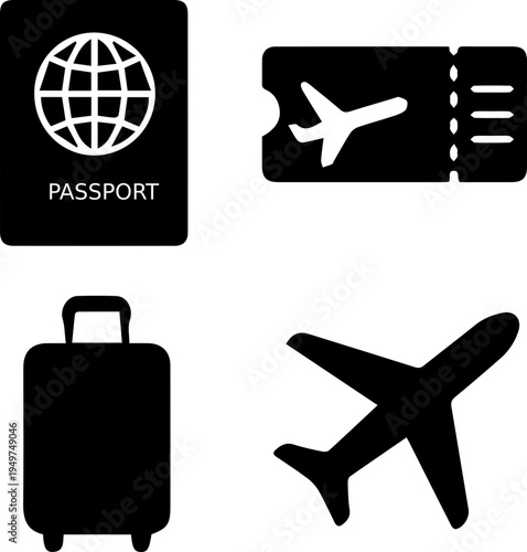 Travel Essentials Icon Set Passport Ticket Suitcase Airplane