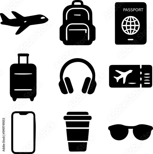 Travel Essentials Icon Set Passport Ticket Suitcase Airplane