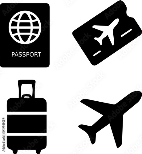 Travel Essentials Icon Set Passport Ticket Suitcase Airplane