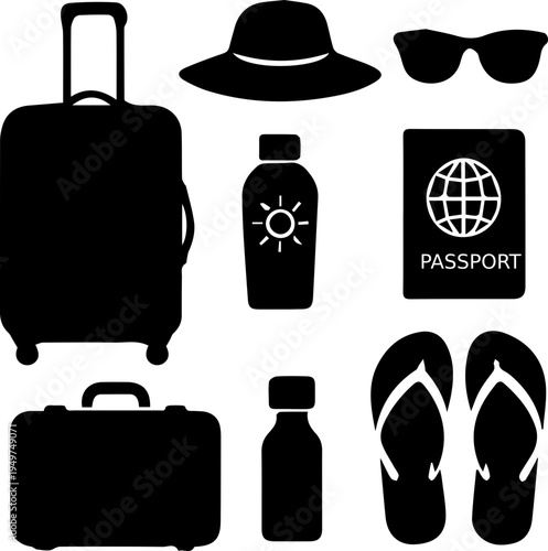 Travel Essentials Icon Set Passport Ticket Suitcase Airplane