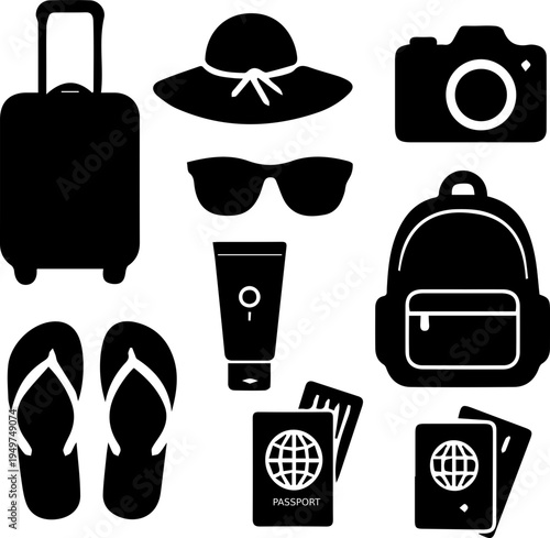 Travel Essentials Icon Set Passport Ticket Suitcase Airplane