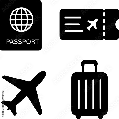 Travel Essentials Icon Set Passport Ticket Suitcase Airplane