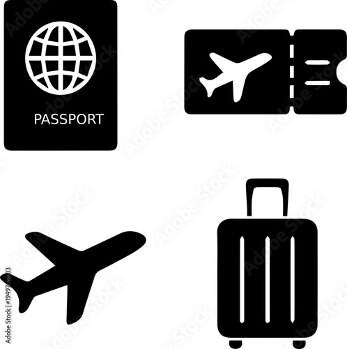 Travel Essentials Icon Set Passport Ticket Suitcase Airplane