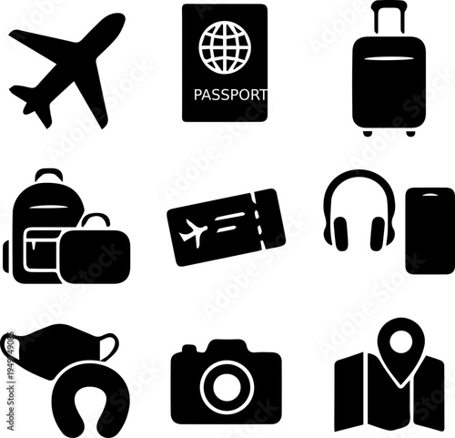 Travel Essentials Icon Set Passport Ticket Suitcase Airplane