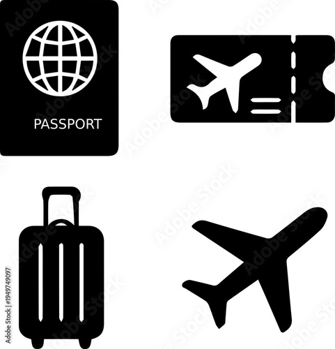Travel Essentials Icon Set Passport Ticket Suitcase Airplane