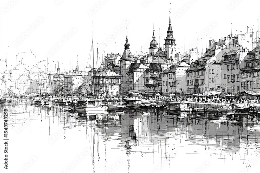 Obraz premium Waterfront cityscape sketch with detailed architectural buildings, boats docked along harbor, and reflections on calm water, capturing lively urban atmosphere