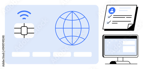 Smart card chip with wireless signal, globe symbol for worldwide access, ID form with checklist, and monitor showcasing verification steps. Ideal for identity verification, cybersecurity, digital