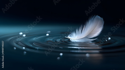 White feather touching still dark blue water creating ripples and bokeh lights.