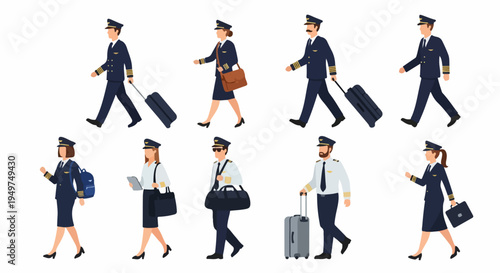 Flat Vector Illustration Set of Diverse Airline Pilots in Uniform Walking with Various Luggage and Flight Bags Isolated on White Background
