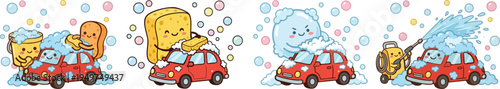 Web Cute Kawaii Car Wash Vector Set, Cartoon Red Car with Character Cleaning Tools, Sponge, Bucket, and Pressure Washer Characters in Bubbles, Isolated Illustration Bundle
