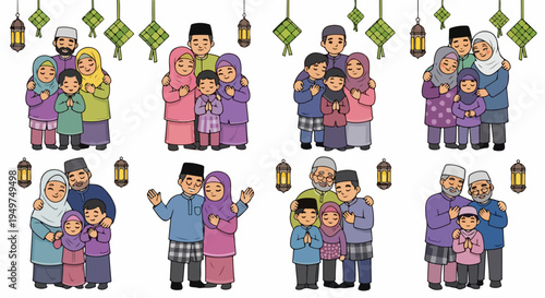 Set of eight diverse Muslim family illustrations celebrating Eid al-Fitr or Hari Raya, featuring parents, children, and grandparents in traditional festive attire.