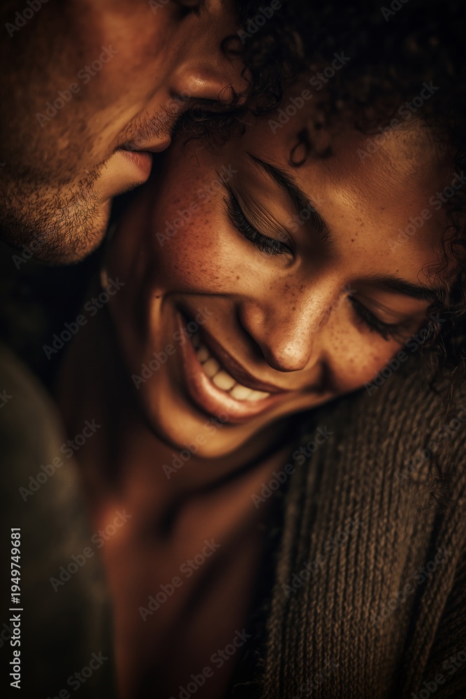Fototapeta premium A close-up shows a smiling woman with curly hair while a man whispers near her ear in warm lighting. The intimate moment captures joy and affection between the couple softly.