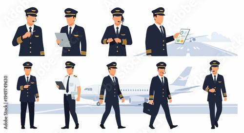 Flat vector illustration set of airline pilots in uniform performing various duties at the airport and in flight.