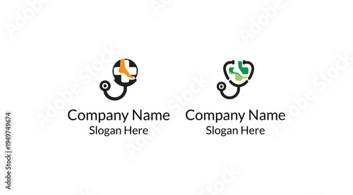 Modern Medical Logo Designs Featuring Stethoscopes Combined with Abstract Cross and Globe Elements, Isolated on Transparent Background