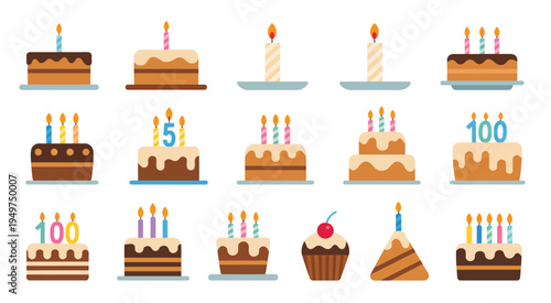 Cakes and cupcakes vector set, assorted celebratory desserts with lit candles, viewed from multiple angles, ideal for event invitations, bakery menus, and festive illustration projects.