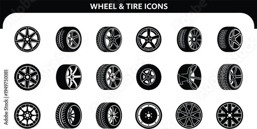 A collection of eighteen black and white vector icons featuring various car wheel and tire designs
