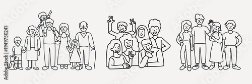 Diverse families line art illustration vector set