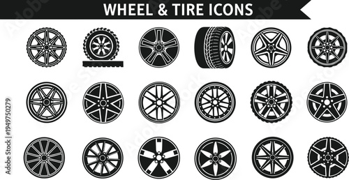A collection of eighteen black and white vector icons representing various car wheel and tire designs