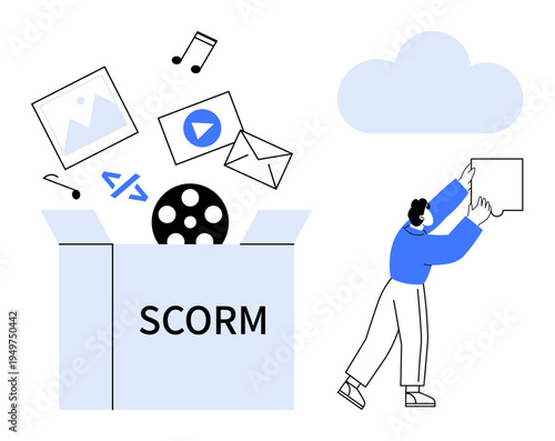SCORM concept. SCORM as a framework facilitating digital e-learning, online training, and content sharing. SCORM drives efficient learning, digital media sharing, and optimization for education