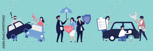 Car insurance protection and repair vector set