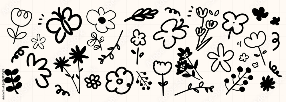 Fototapeta premium Playful black floral doodles vector set