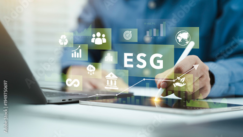 ESG and Green business, corporate responsibility and sustainable environment, for governance, social, economy. Green investment and Carbon footprint Emission report graph, finance analysis