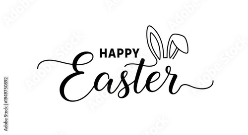 Happy easter text with bunny ears illustration on a white background
