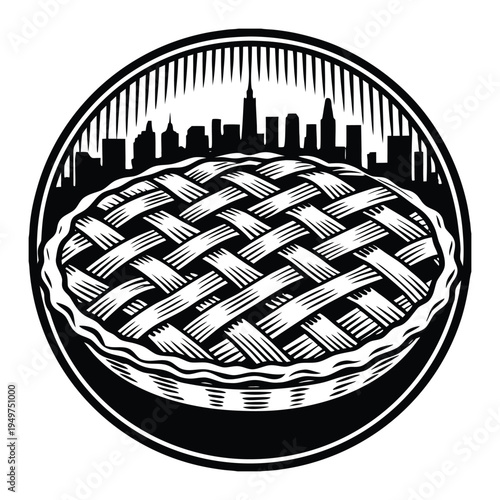 Black and white of a lattice pie with city skyline silhouette monochrome pie crust woven pattern