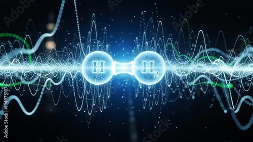 Hydrogen molecule depicted with glowing quantum waves on dark background