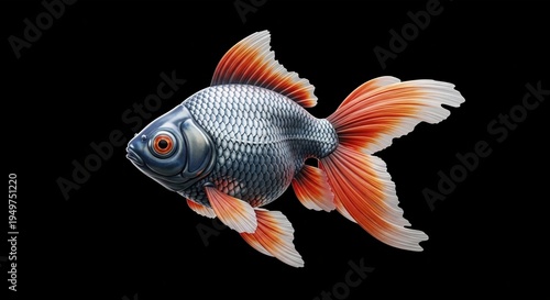 A vibrant goldfish swims against a dark background with orange fins