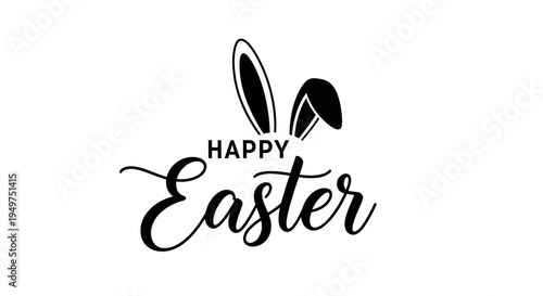 Black happy easter text with bunny ears on white background