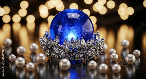 A luxurious blue gemstone surrounded by pearls and diamonds on a dark surface