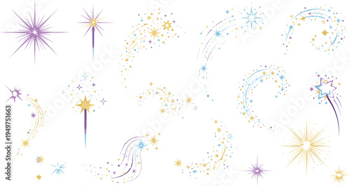Magic sparkle trail and shooting star illustration set with glitter swirl twinkle celestial decorative collection