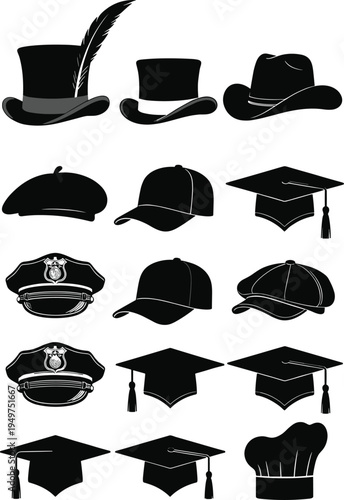 WebCollection of hat silhouettes including top hat, cowboy hat, baseball cap, police cap, graduation cap and chef hat isolated on white vector illustration set