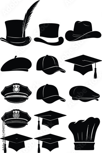 WebCollection of hat silhouettes including top hat, cowboy hat, beret, baseball cap, police cap, graduation cap and chef hat isolated vector set