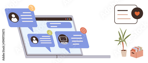 Online communication, digital messaging, remote work, virtual collaboration, user interface design, workspace organization. Open laptop screen with chat bubbles and icons. Online communication