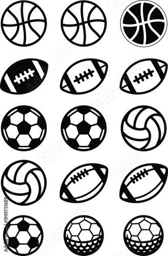 WebSports ball icon collection featuring basketball, American football, soccer, volleyball, and golf ball silhouettes in black vector style isolated for sports design, apps, logos, and graphics
