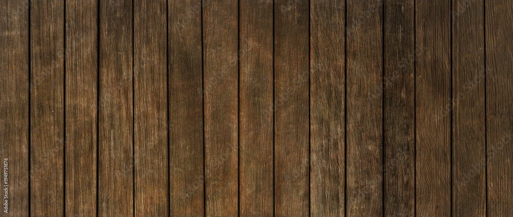 Obraz premium vertical dark brown reclaimed antique wood, grunge old rustic texture, acoustic panel background, panorama, paint effect