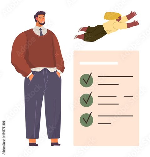 Personal growth, motivation, task management, achievement, productivity, self-esteem. Man standing confidently, floating figure checklist with tick marks. Personal growth and motivation concept