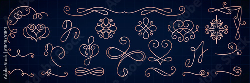 Elegant flourishes and swirls in intricate patterns. Decorative flourishes and swirls add a touch of elegance. Perfect for design projects needing swirls and flourishes. Hand drawn ornament vector set