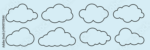 Eight cloud outlines on a light blue background. Simple cloud shapes, cloud designs, cloud patterns. Perfect for cloud-themed projects and cloud illustrations. Weather illustration, vector set.