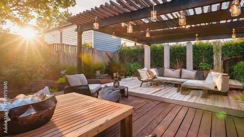 Luxurious backyard patio with dining area and lounge under a pergola during golden hour