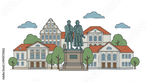 A statue of two people stands in front of a row of buildings with orange roofs and trees surrounding them in a town square.