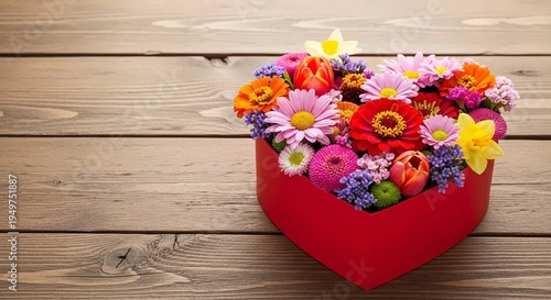 A vibrant bouquet of flowers in a heart-shaped box on a wooden table
