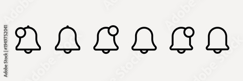 Set of six black bell icons in a row. Simple bell outlines. Minimalist bell design. Notification bell symbols. Bell icons for alerts and notifications. User interface icons, UI icon vector set.