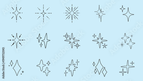 Collection of 12 starburst icons on a light blue background. Starburst designs vary in style, showcasing diverse starburst shapes and patterns. Element vector set.