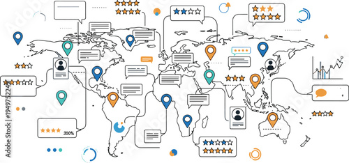 Global customer feedback and review concept with world map ratings comments location pins communication illustration