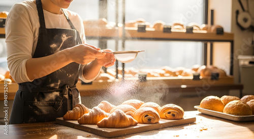 A female baker in a dark apron sprinkles fine white powdered sugar over a tray of warm golden croissants in a bright sunlight bakery
